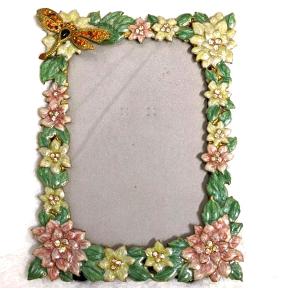 Vintage Enameled Floral Photo Frame w/ Dragonfly & Rhinestone Accents - Picture 3 of 9